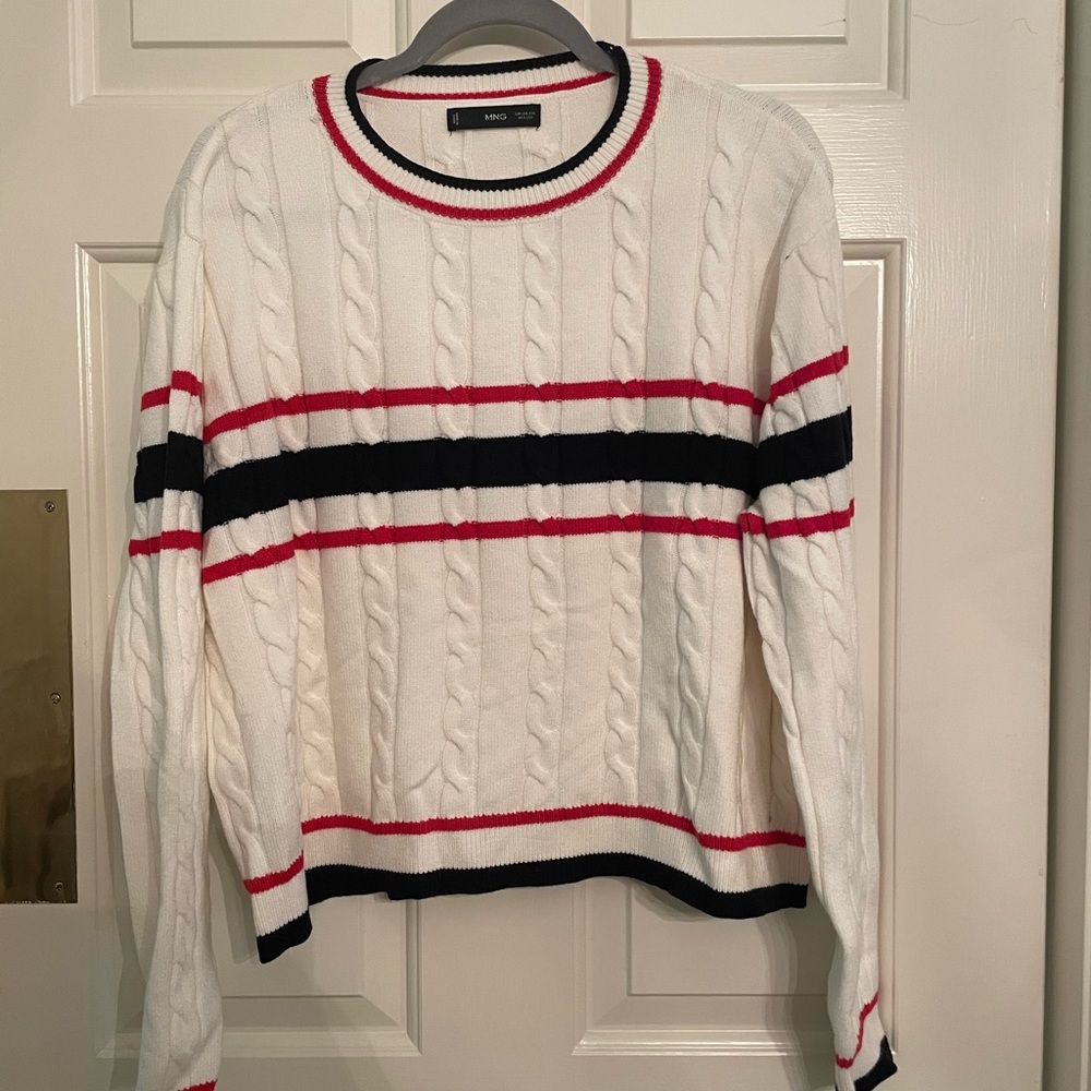 Mango White Sweater with Red and Black Stripes